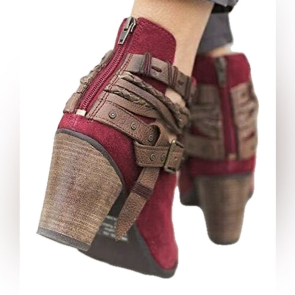 Naughty Monkey Red Suede Leather Ankle Bootie Round Toe Side Zip Womens 7.5 - Picture 4 of 12